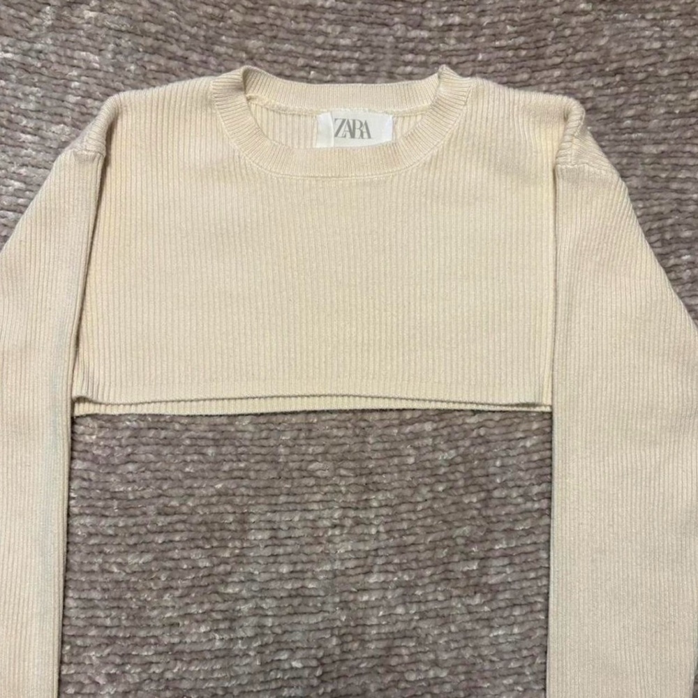 Zara Cropped Ribbed Crewneck Sweater - Cream